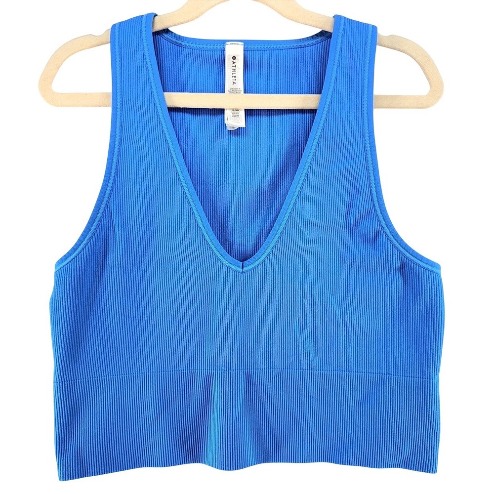 Athleta Aurora Crop Tank Top Ribbed M Blue V Neck Yoga Pilates Sporty Athleisure